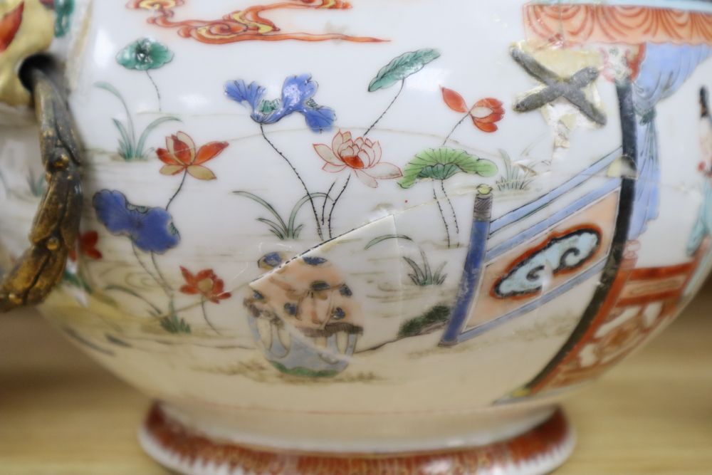 A Chinese enamelled porcelain bowl, Yongzheng period, French ormolu handles, height 17cm (a.f.)